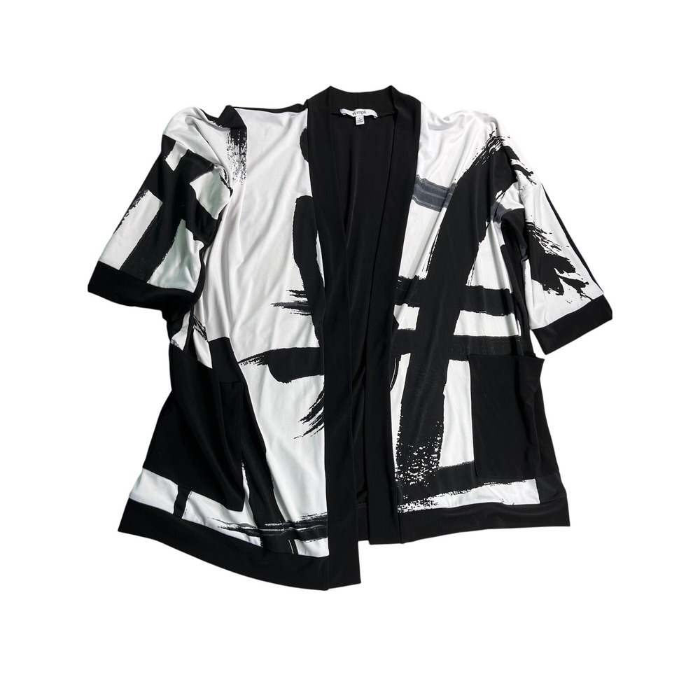 Sympli Open Front Cardigan Medium Black White Abstract Print Kimono Jacket